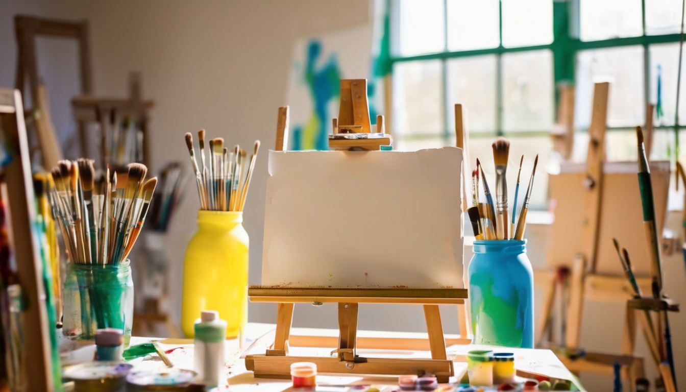 Art supplies and painting setup representing creative classes at FitAble